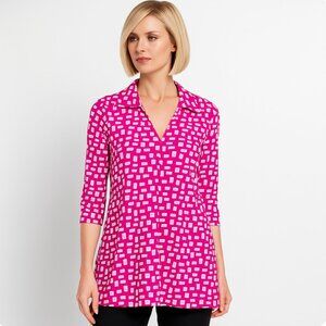 Katherine Way Women Hot Pink & white  3/4 Sleeve V-Neck Top size XS